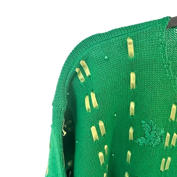 Cervelle Green Crochet Trim Whimsical Knit Sweater Ribbon Embroidered Floral L - Picture 12 of 15